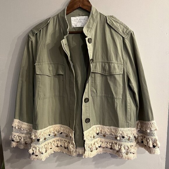 ZARA Women's Olive Green Twill Button Down Tassel Embroidered Detail Jacket - Picture 1 of 4